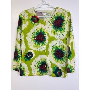 Garnet Hill Womens 100% Merino Wool Floral Cardigan Sweater Green Red Size M